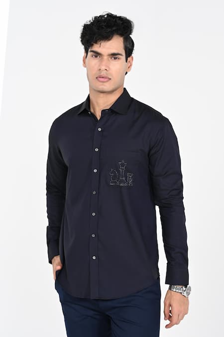 Shop_Kalpana Naik_Navy Cotton Embroidery Chess Cutdana Hand Shirt _Online_at_Aza_Fashions