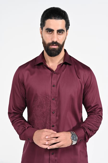 Shop_Kalpana Naik_Wine Cotton Embroidery Finger Giza Shirt _Online_at_Aza_Fashions