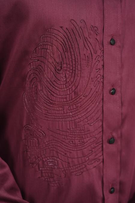 Kalpana Naik_Wine Cotton Embroidery Finger Giza Shirt _at_Aza_Fashions