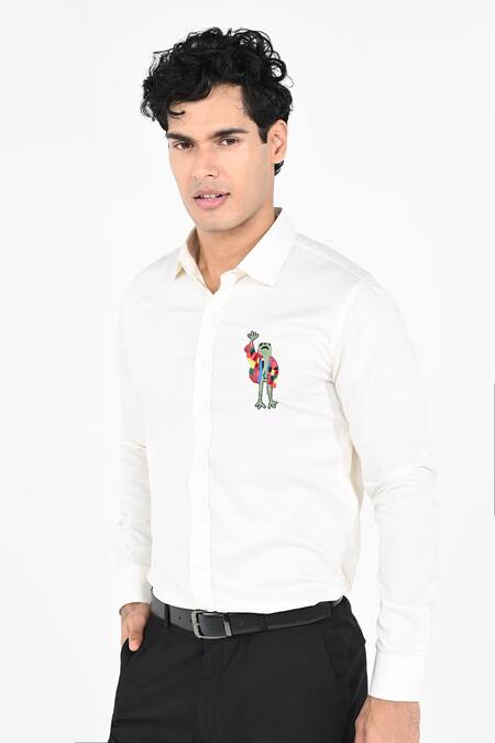 Kalpana Naik_Cream Cotton Embroidery Mr Frog Giza Shirt _Online_at_Aza_Fashions