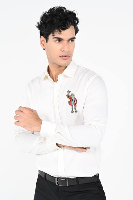 Buy_Kalpana Naik_Cream Cotton Embroidery Mr Frog Giza Shirt _Online_at_Aza_Fashions