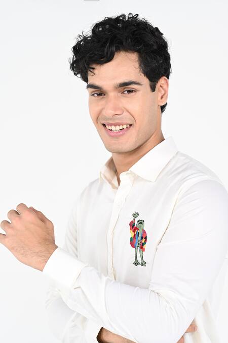 Shop_Kalpana Naik_Cream Cotton Embroidery Mr Frog Giza Shirt _Online_at_Aza_Fashions