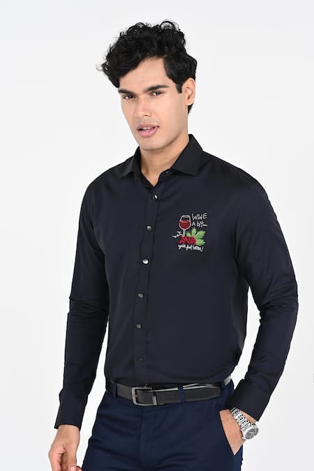 Kalpana Naik_Navy Cotton Embroidery Wine A Bit Hand Shirt _Online_at_Aza_Fashions