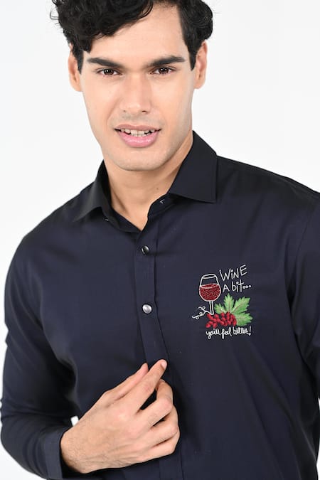 Buy_Kalpana Naik_Navy Cotton Embroidery Wine A Bit Hand Shirt _Online_at_Aza_Fashions