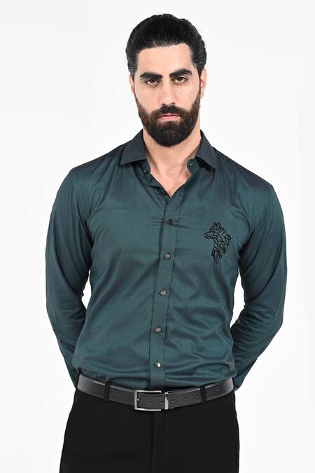 Kalpana Naik_Green Cotton Embroidery Wolf Giza Shirt _Online_at_Aza_Fashions
