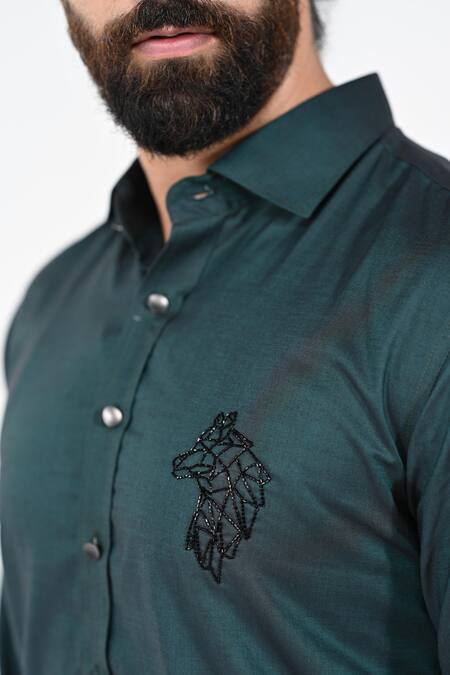 Shop_Kalpana Naik_Green Cotton Embroidery Wolf Giza Shirt _Online_at_Aza_Fashions