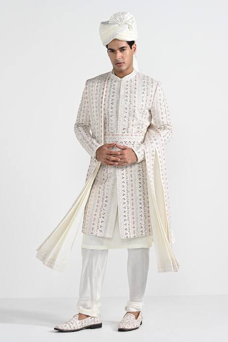Shop_Kalpana Naik_White Silk Mirrors, Embroidery And Thread Sherwani Set _Online_at_Aza_Fashions