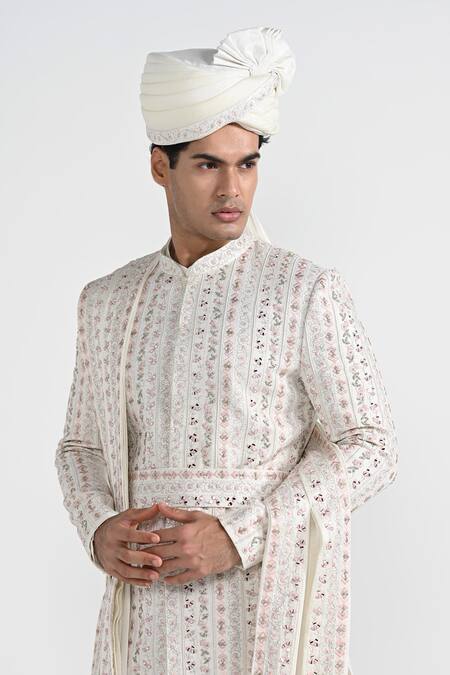 Buy_Kalpana Naik_White Silk Mirrors, Embroidery And Thread Sherwani Set 