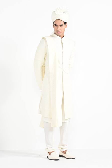 Kalpana Naik_Ivory Silk, Bemberg Embroidery Dori Work Sherwani Set _Online_at_Aza_Fashions