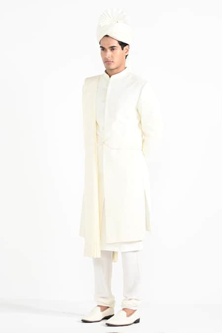 Buy_Kalpana Naik_Ivory Silk, Bemberg Embroidery Dori Work Sherwani Set _Online_at_Aza_Fashions