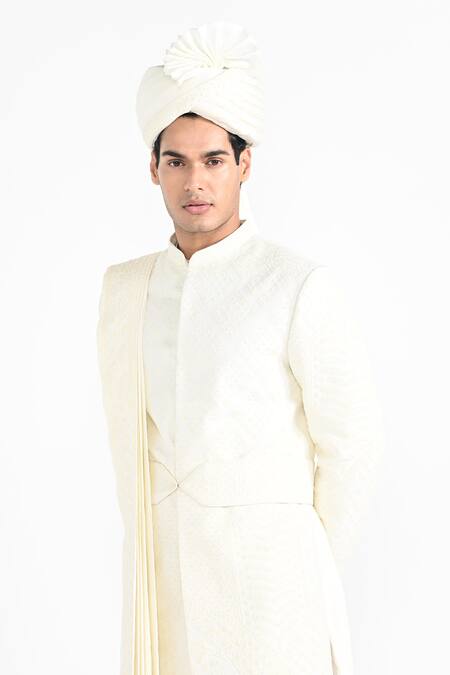 Shop_Kalpana Naik_Ivory Silk, Bemberg Embroidery Dori Work Sherwani Set _Online_at_Aza_Fashions