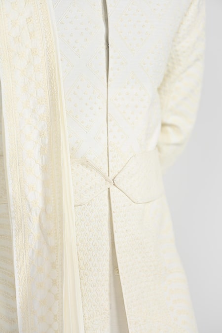 Buy_Kalpana Naik_Ivory Silk, Bemberg Embroidery Dori Work Sherwani Set 