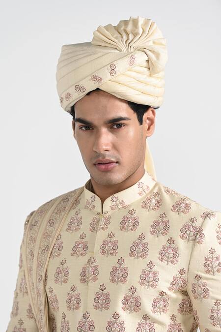 Shop_Kalpana Naik_Cream Bemberg, Silk Embroidery Dark Butta Work Sherwani Set _Online_at_Aza_Fashions