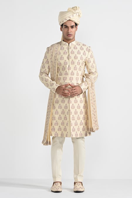 Kalpana Naik Dark Cream Butta Work Sherwani Set 