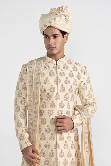 Kalpana Naik_Cream Bemberg, Silk Embroidery Dark Butta Work Sherwani Set _at_Aza_Fashions