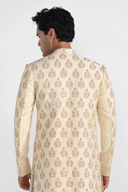 Buy_Kalpana Naik_Cream Bemberg, Silk Embroidery Dark Butta Work Sherwani Set 