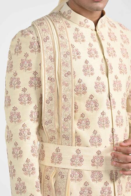 Shop_Kalpana Naik_Cream Bemberg, Silk Embroidery Dark Butta Work Sherwani Set 