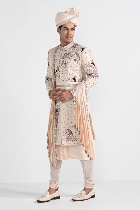 Buy_Kalpana Naik_Pink Satin, Bemberg, Silk Embroidery, Stones Pastel Floral Work Sherwani Set _Online_at_Aza_Fashions