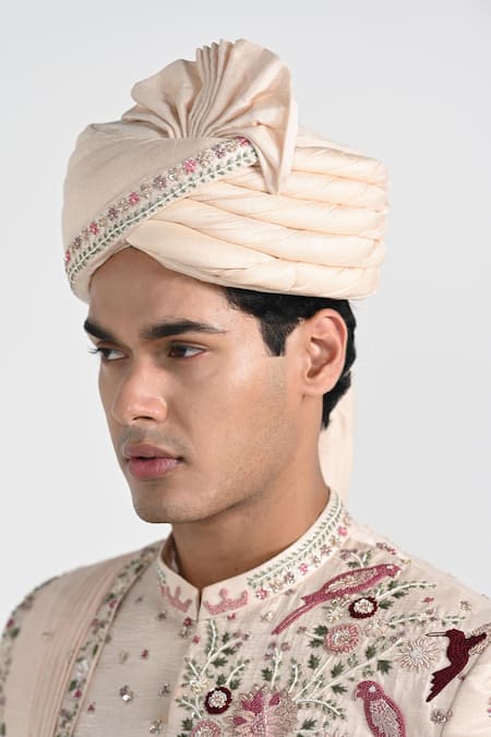 Shop_Kalpana Naik_Pink Satin, Bemberg, Silk Embroidery, Stones Pastel Floral Work Sherwani Set _Online_at_Aza_Fashions