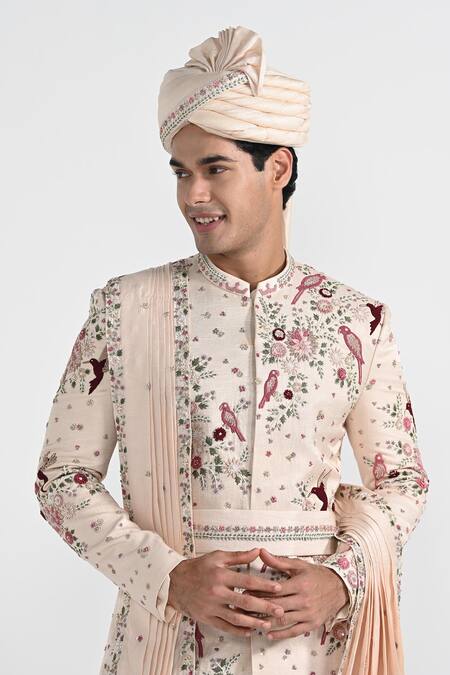 Kalpana Naik_Pink Satin, Bemberg, Silk Embroidery, Stones Pastel Floral Work Sherwani Set _at_Aza_Fashions