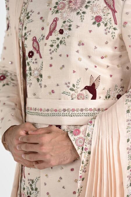 Buy_Kalpana Naik_Pink Satin, Bemberg, Silk Embroidery, Stones Pastel Floral Work Sherwani Set 