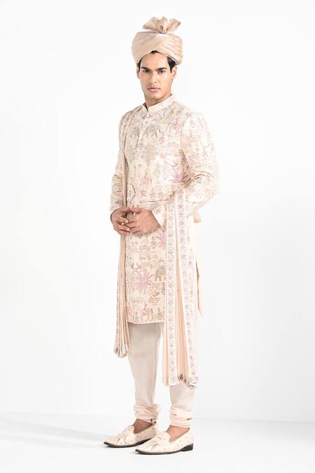 Kalpana Naik_Blush Bemberg, Silk Embroidery, Metallic Raja And Rani Work Hand Sherwani Set _Online_at_Aza_Fashions