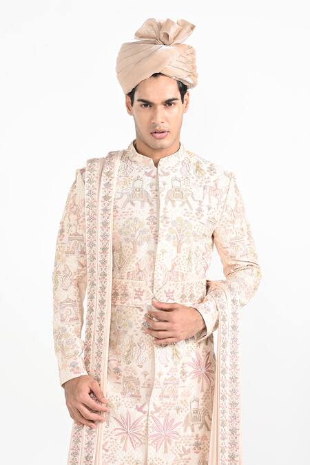 Kalpana Naik_Blush Bemberg, Silk Embroidery, Metallic Raja And Rani Work Hand Sherwani Set _at_Aza_Fashions