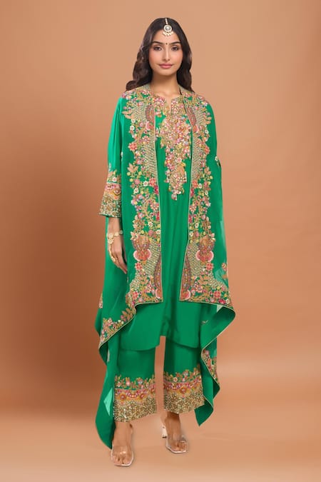 Debyani + CO Embroidered Green Kurta Set with Cape 