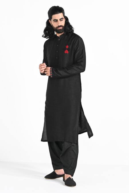 Shop_Kalpana Naik_Black Bemberg, Silk Embroidery Hand Kurta Set _Online_at_Aza_Fashions
