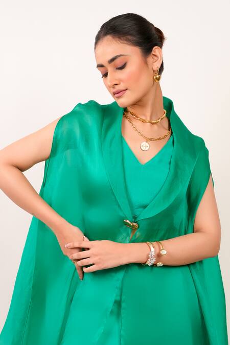Day And Mood_Emerald Green Organza, Modal, Satin, Silk Kaftan And Bell Bottom Pant Set _Online_at_Aza_Fashions