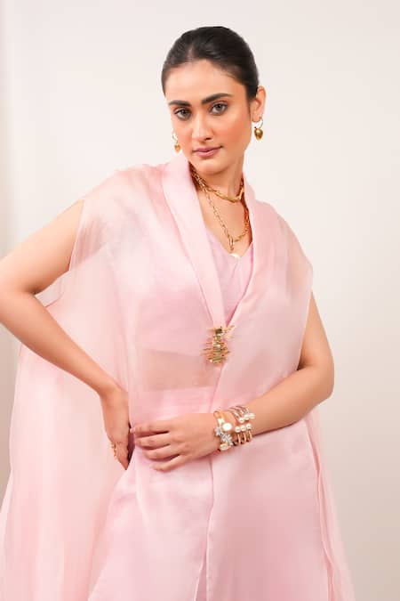 Day And Mood_Pink Organza, Modal, Satin Shawl Neck, Kaftan And Bell Bottom Pants Set _Online_at_Aza_Fashions