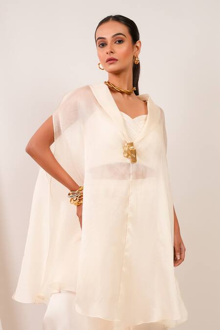 Day And Mood_Ivory Organza, Silk, Satin, Modal Kaftan And Wired Blouse With Flared Pants _Online_at_Aza_Fashions