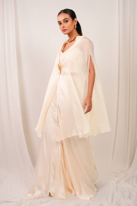 Buy_Day And Mood_Ivory Organza, Silk, Satin, Modal Kaftan And Wired Blouse With Flared Pants _Online_at_Aza_Fashions