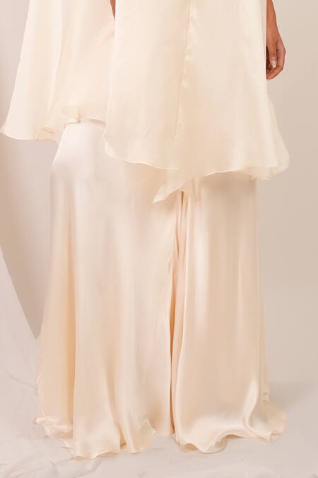 Shop_Day And Mood_Ivory Organza, Silk, Satin, Modal Kaftan And Wired Blouse With Flared Pants _Online_at_Aza_Fashions