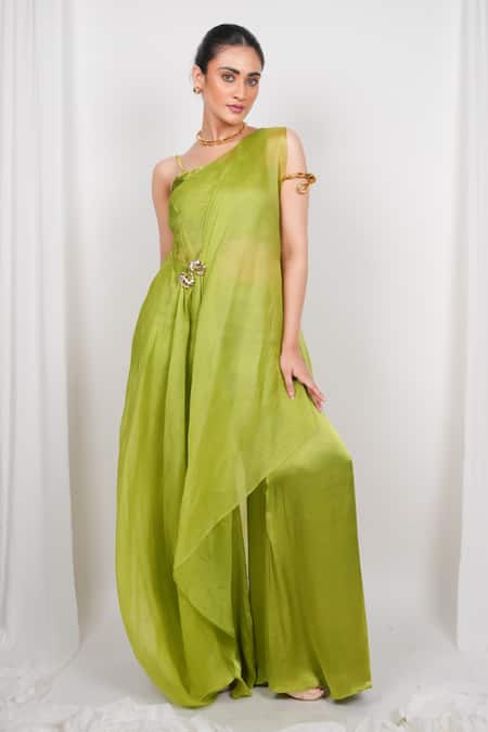 Day And Mood One Shoulder Kaftan Blouse & Flared Pants Set 