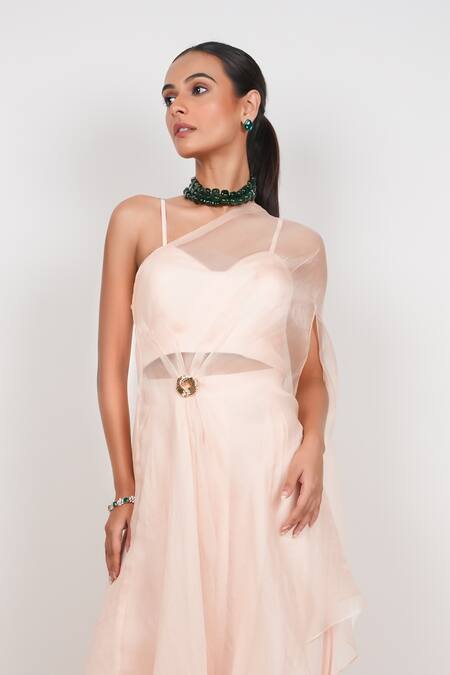 Day And Mood_Peach Organza, Chiffon One Shoulder, Sweetheart Kaftan Blouse And Flared Pants _Online_at_Aza_Fashions