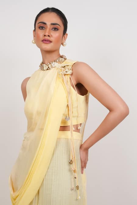 Day And Mood_Yellow Chinon, Organza Embroidery, Zari, Cowl And Cord Tunic With Pleated Pants _Online_at_Aza_Fashions