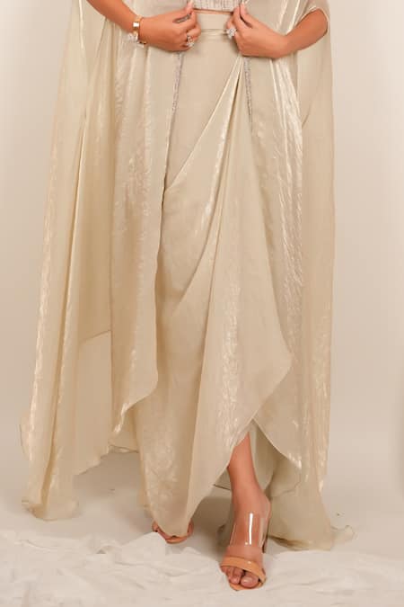 Day And Mood_Silver Organza Sequins, Embroidery, Zari Sweetheart Bustier Skirt And Kaftan Set _Online_at_Aza_Fashions