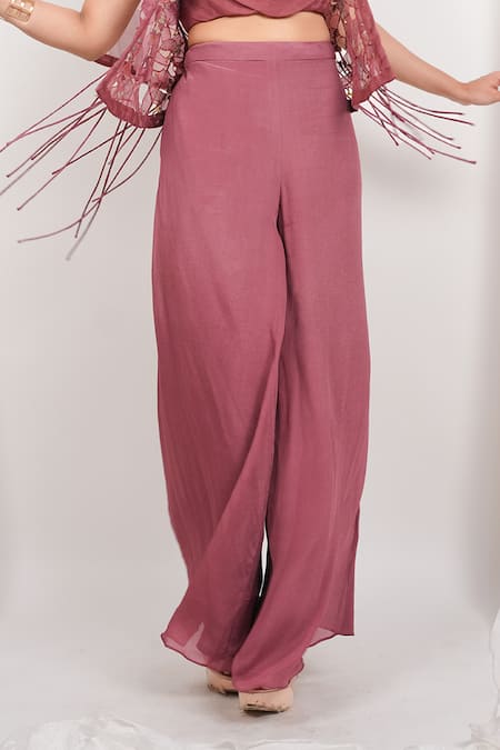 Day And Mood_Pink Georgette, Organza Embroidery Cowl Neck, Cutwork Jacket Top And Pants Set _Online_at_Aza_Fashions
