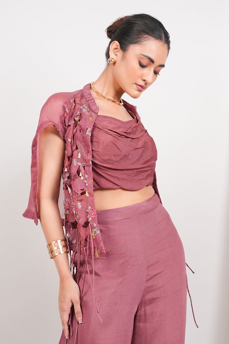 Buy_Day And Mood_Pink Georgette, Organza Embroidery Cowl Neck, Cutwork Jacket Top And Pants Set _Online_at_Aza_Fashions