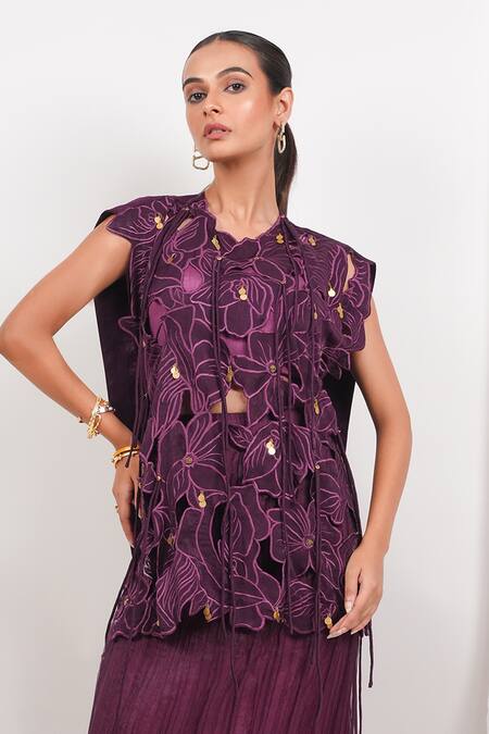 Day And Mood_Wine Velvet, Georgette Embroidery, Sequins, Cut Work Top And Pleated Skirt Set _Online_at_Aza_Fashions