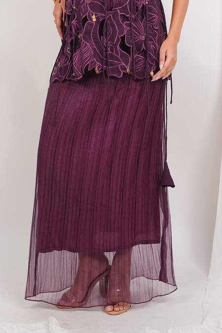 Buy_Day And Mood_Wine Velvet, Georgette Embroidery, Sequins, Cut Work Top And Pleated Skirt Set _Online_at_Aza_Fashions