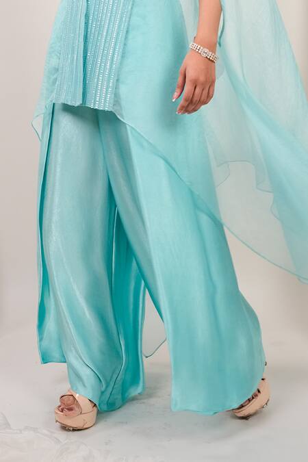 Day And Mood_Sky Blue Organza, Chinon Sequins, Embroidery Open Wired Kaftan And Wrap Pants Set _Online_at_Aza_Fashions