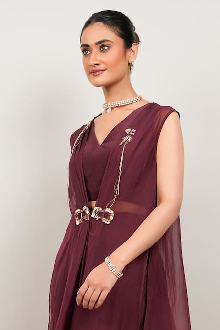 Day And Mood_Wine Organza, Silk Embroidery V-neck Kaftan And Pleated Skirt Set _Online_at_Aza_Fashions