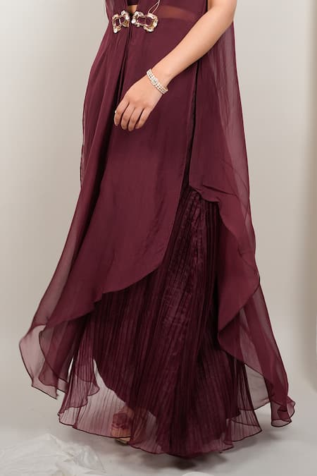 Buy_Day And Mood_Wine Organza, Silk Embroidery V-neck Kaftan And Pleated Skirt Set _Online_at_Aza_Fashions