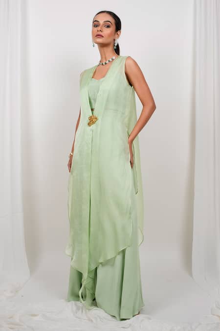 Day And Mood Satin Organza Long Jacket & Flared Pants Set 