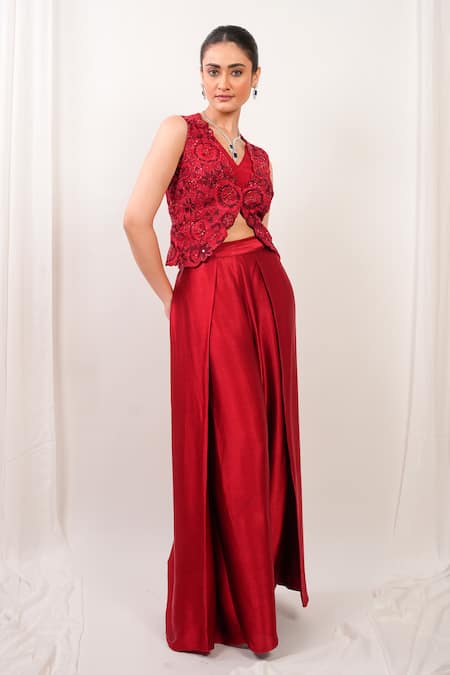 Day And Mood Embroidered Short Jacket & Wrap Pants Set 