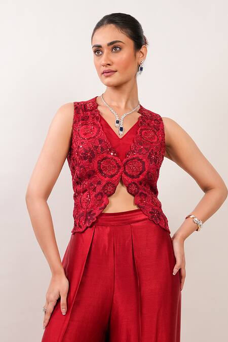 Day And Mood_Red Silk, Chinon, Satin Embroidery, Sequins V-neck Short Jacket And Wrap Pants Set _Online_at_Aza_Fashions