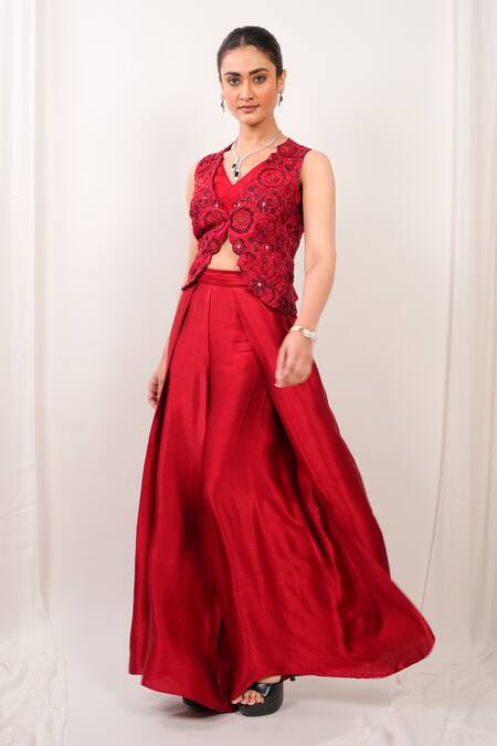Buy_Day And Mood_Red Silk, Chinon, Satin Embroidery, Sequins V-neck Short Jacket And Wrap Pants Set _Online_at_Aza_Fashions