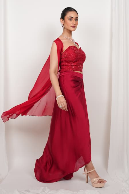 Day And Mood_Red Silk, Organza Sequins, Embroidery Corset And Draped Skirt Set With Jacket _Online_at_Aza_Fashions
